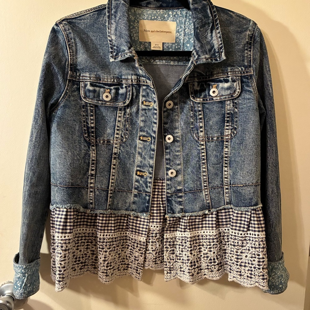 Anthropologie Pilcro & the Letterpress Denim Jacket Gingham Embroidered Lace S